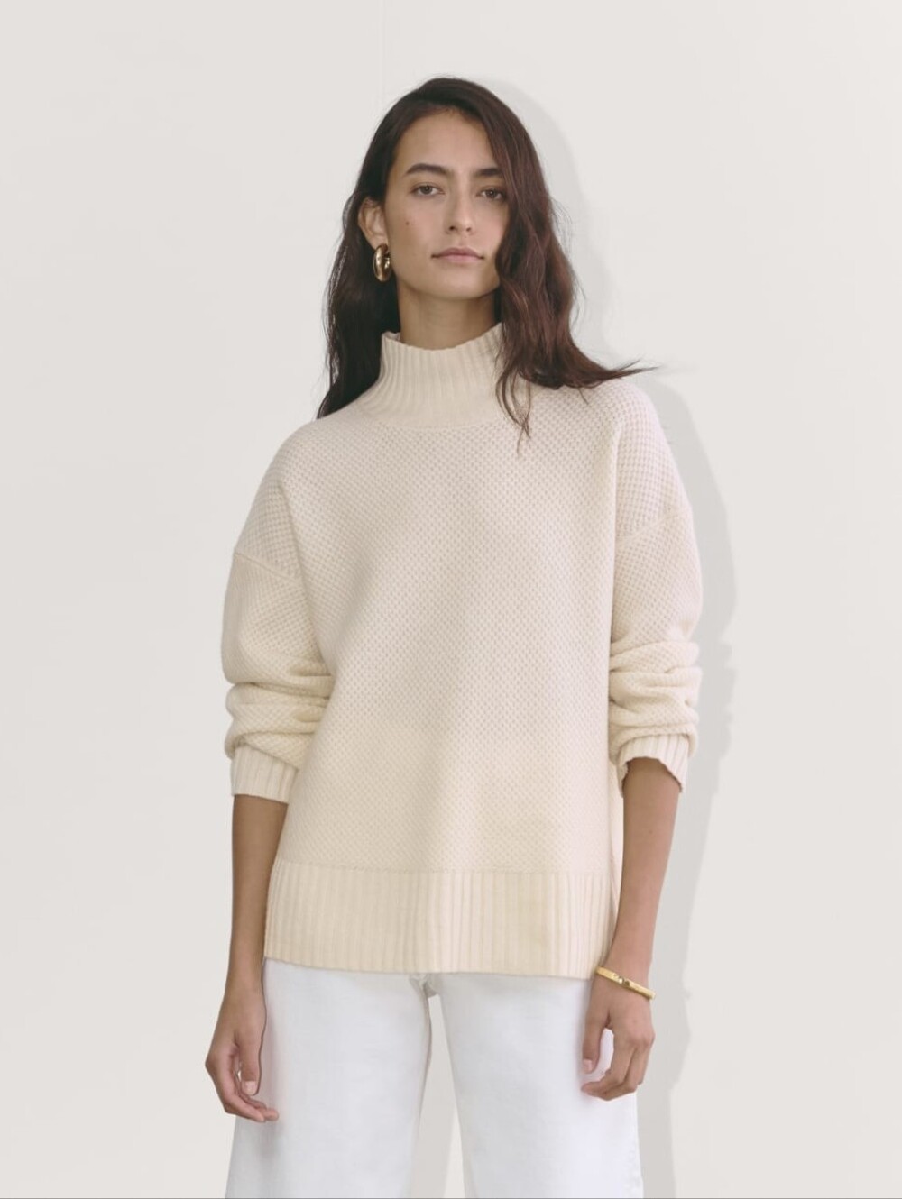 NWT Everlane Bone Off-White Honeycomb Funnel Neck in Wool Cashmere - Size Small